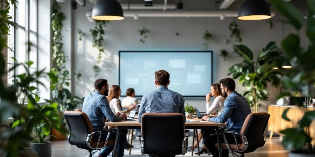 Profissionais trabalhando em tecnologia avançada no escritório moderno.