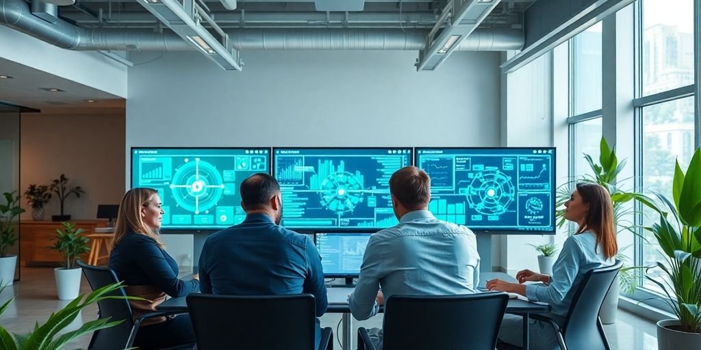 Profissionais em escritório moderno discutindo automação com IA.