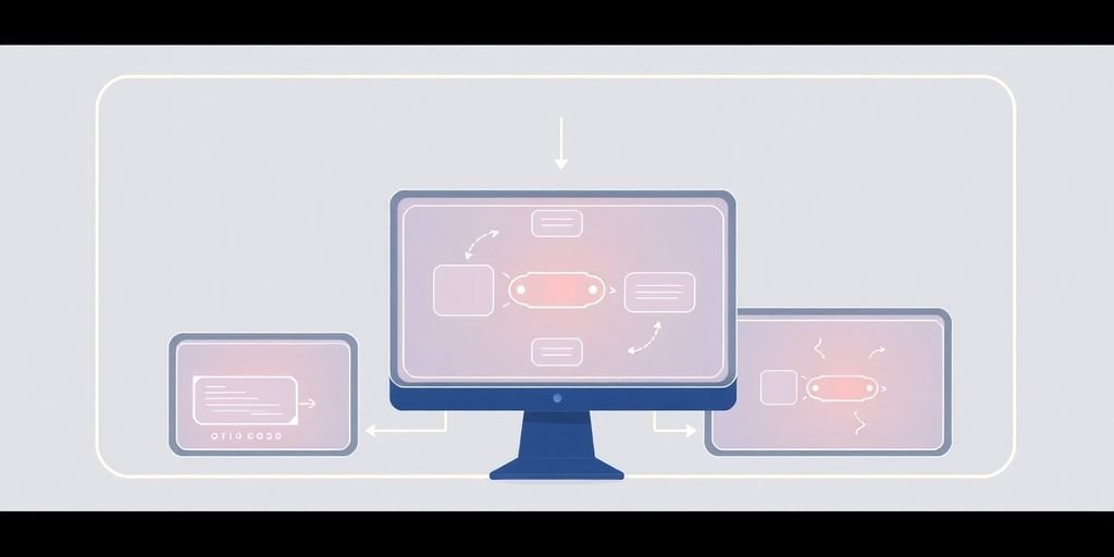 Ilustração de fluxos de trabalho de IA em telas modernas.