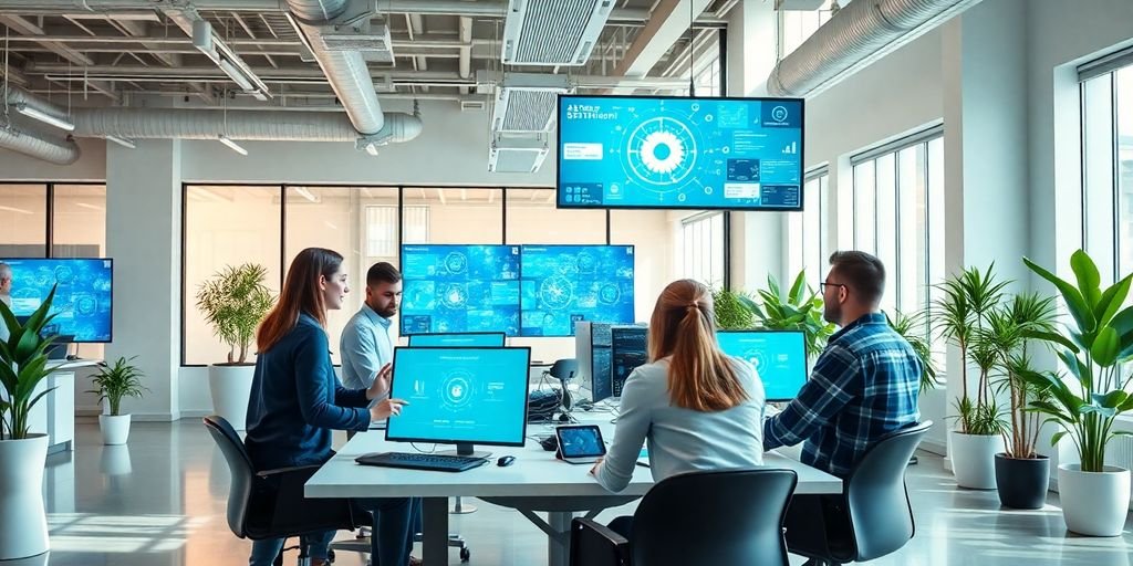 Profissionais de negócios colaborando em um escritório moderno.