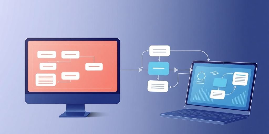 Ilustração de fluxos de trabalho de IA em telas modernas.