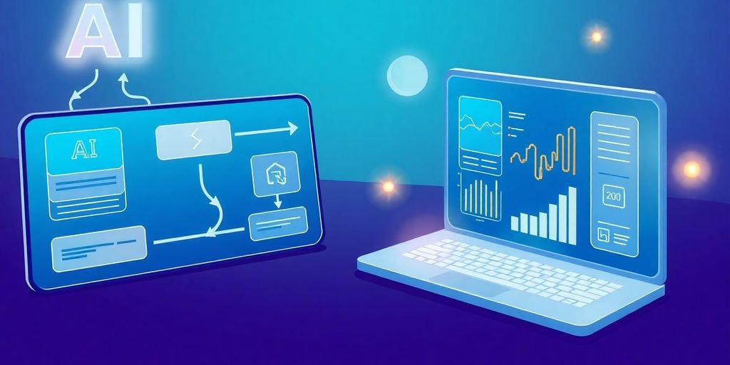 Ilustração de fluxos de trabalho de IA e telas modernas.
