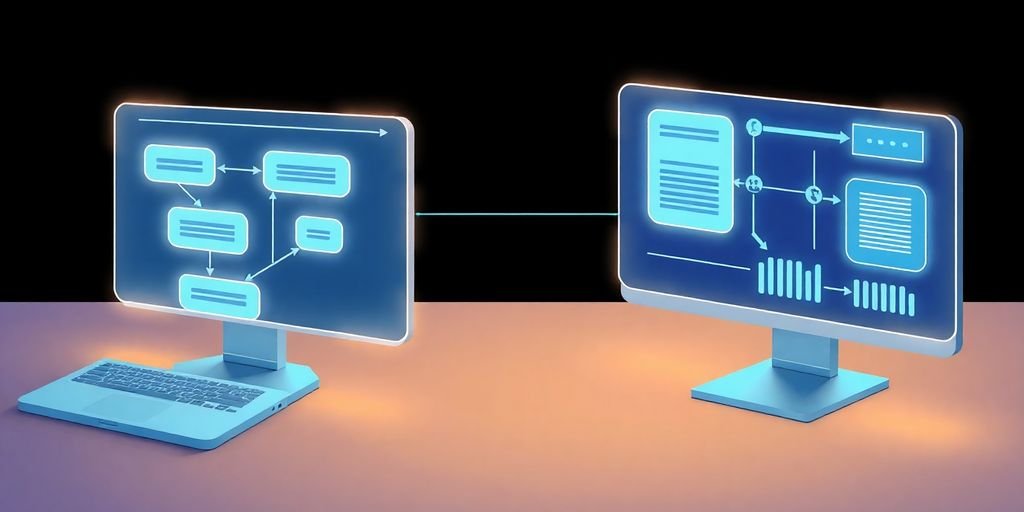 Ilustração de fluxos de trabalho de IA em telas modernas.