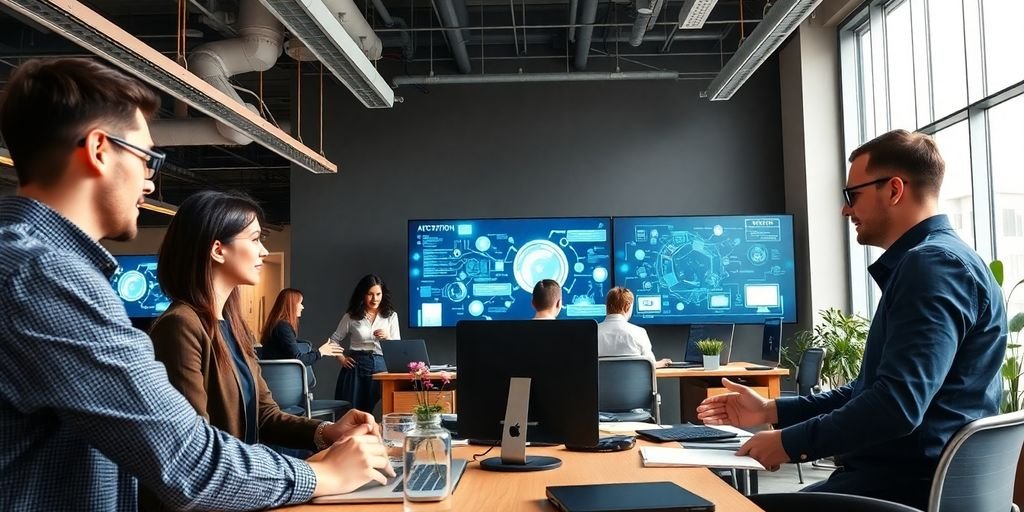 Profissionais colaborando em escritório moderno com tecnologia.