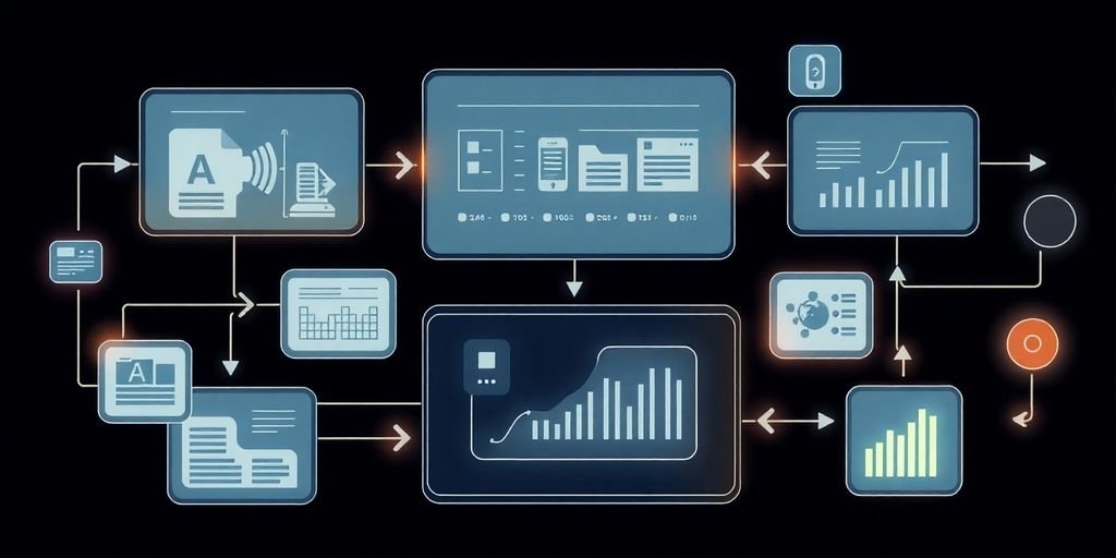 Ilustração de fluxos de trabalho de IA em telas modernas.