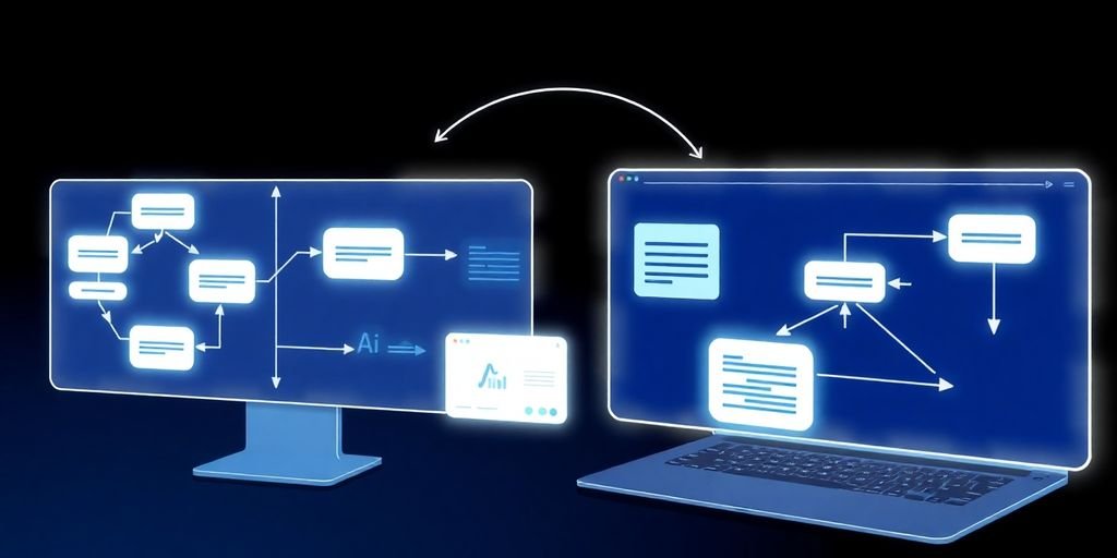 Ilustração de fluxos de trabalho de IA em telas.