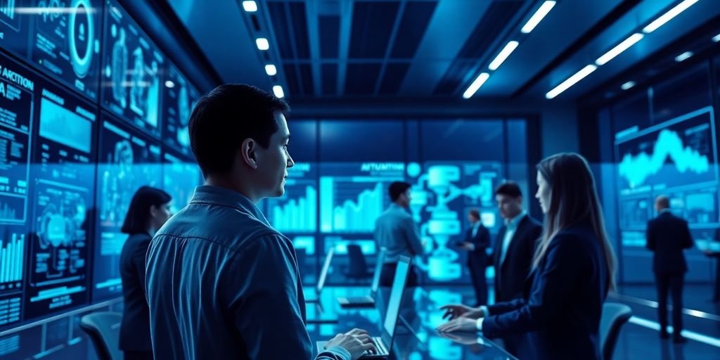 Cena de profissionais utilizando inteligência artificial em ambiente moderno.