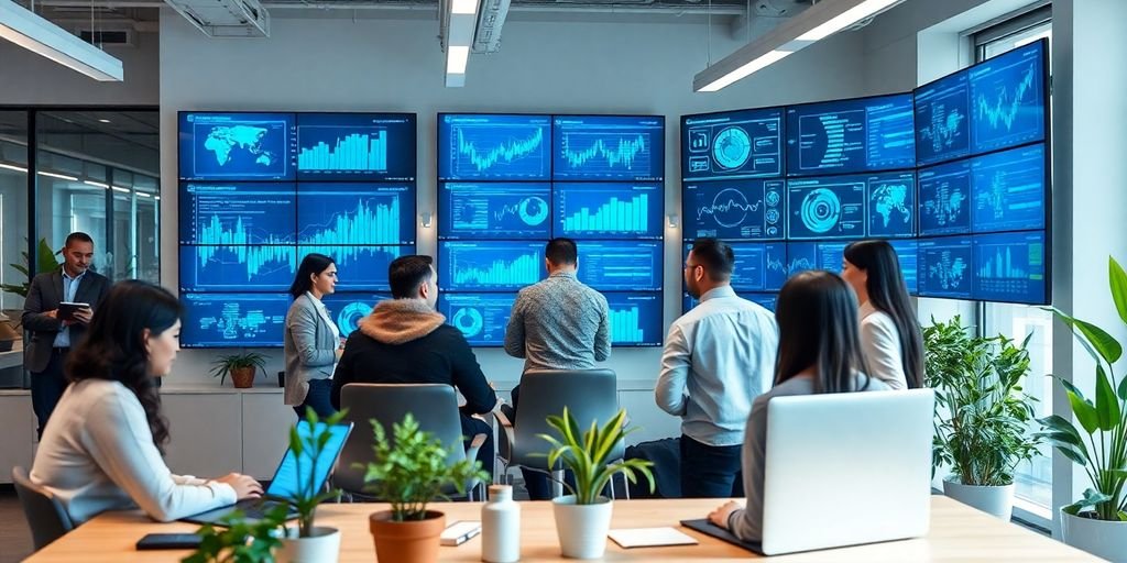 Profissionais colaborando em escritório de tecnologia moderno.