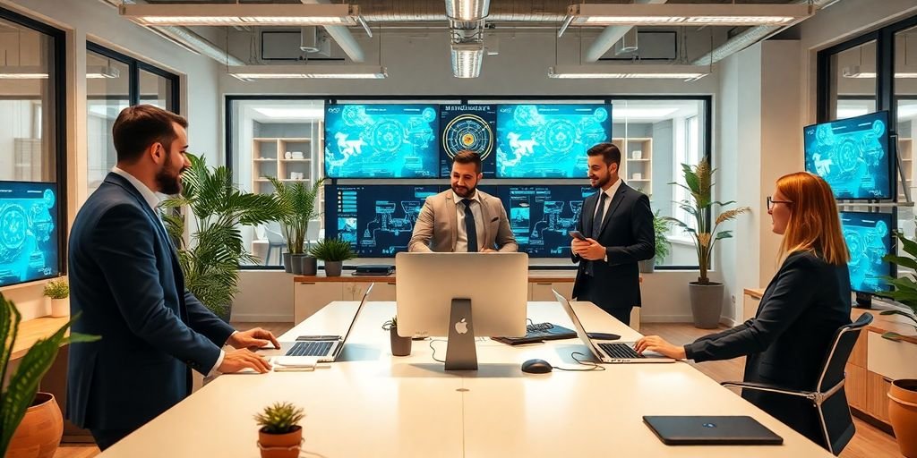 Profissionais de negócios em um escritório moderno com tecnologia.