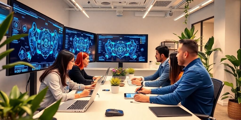 Profissionais de negócios colaborando em escritório moderno e tecnológico.